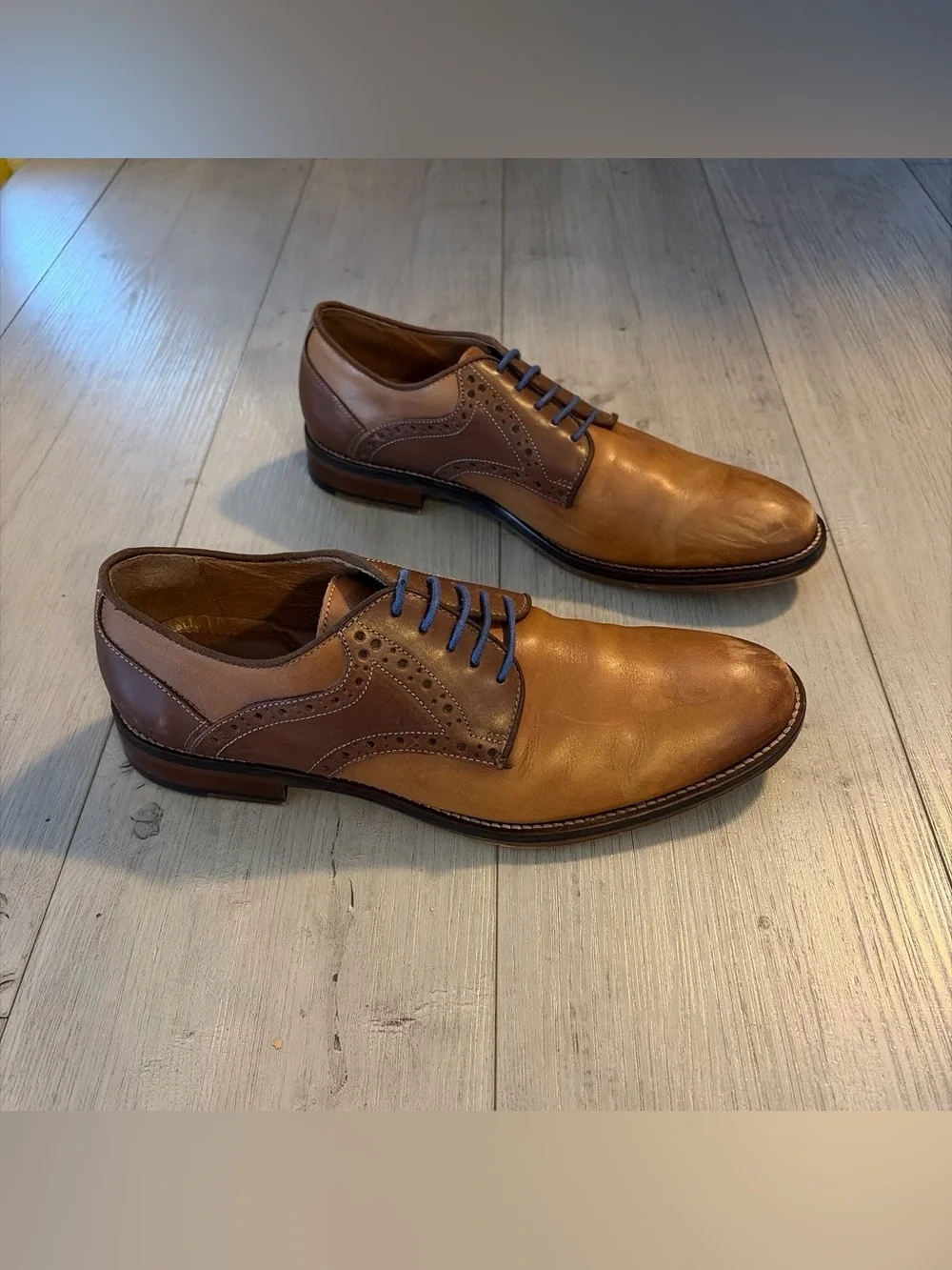 Johnston & Murphy Brown Leather Wingtip Oxfords with Blue Laces